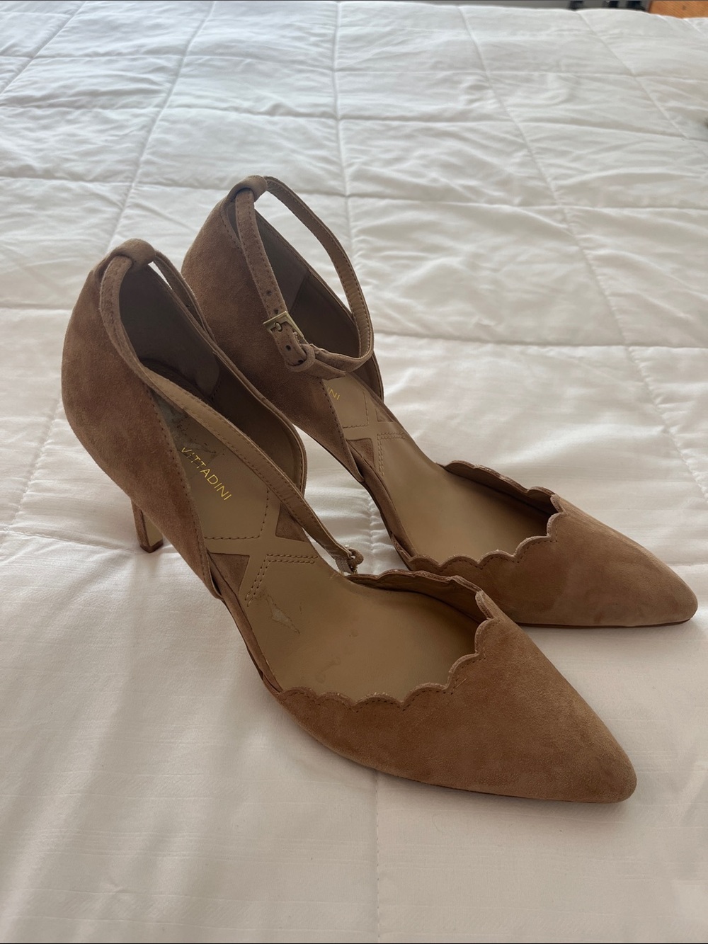Adrienne Vittadini Tan Scalloped Suede Ankle-Strap Pumps